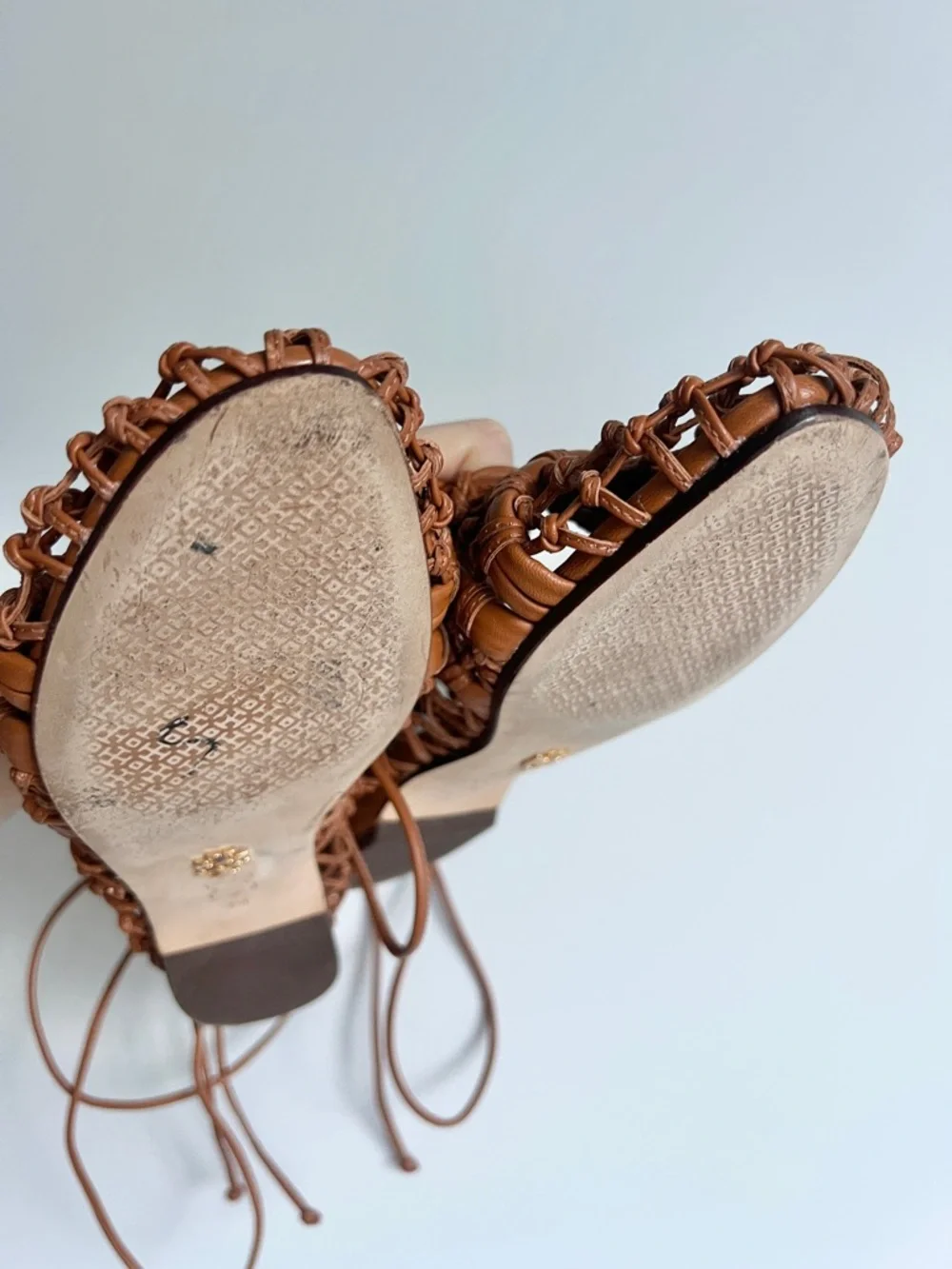 Tory Burch Helena Woven Leather Mesh Lace up Ballet Flats in Ambra Tan Size 7 M